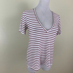 REFORMATION Oxblood/Red White Striped Short Sleeve V Neck Shirt